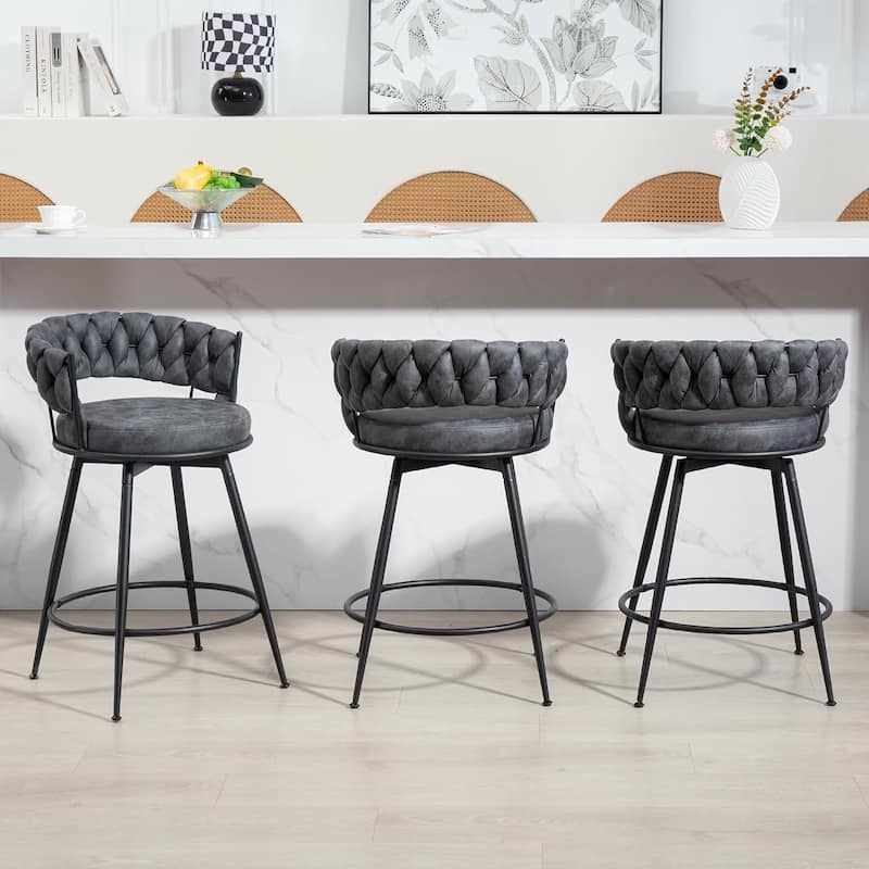 XINMICS 360° Swivel Bar Stools, 24 Inches Modern Counter Height Bar Stools with Woven Back, Upholstered Suede Tall Barstools - Set of 3 - Blue - Counter Height