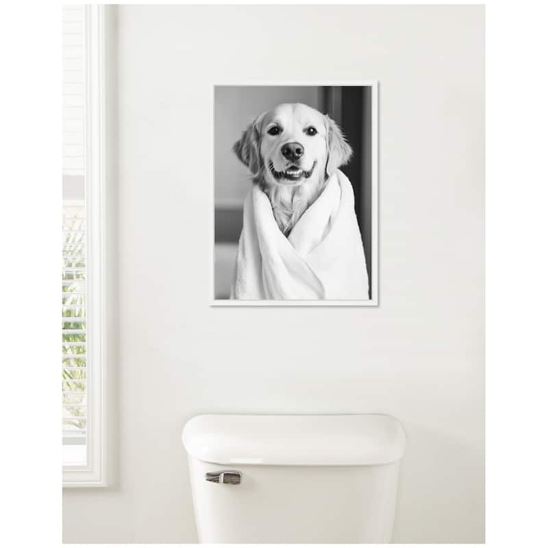Kate and Laurel Sylvie Golden Retriever Bathroom Towel Robe Black and White Framed Canvas by The Creative Bunch Studio