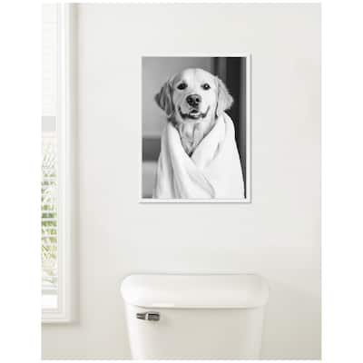 Kate and Laurel Sylvie Golden Retriever Bathroom Towel Robe Black and White Framed Canvas by The Creative Bunch Studio