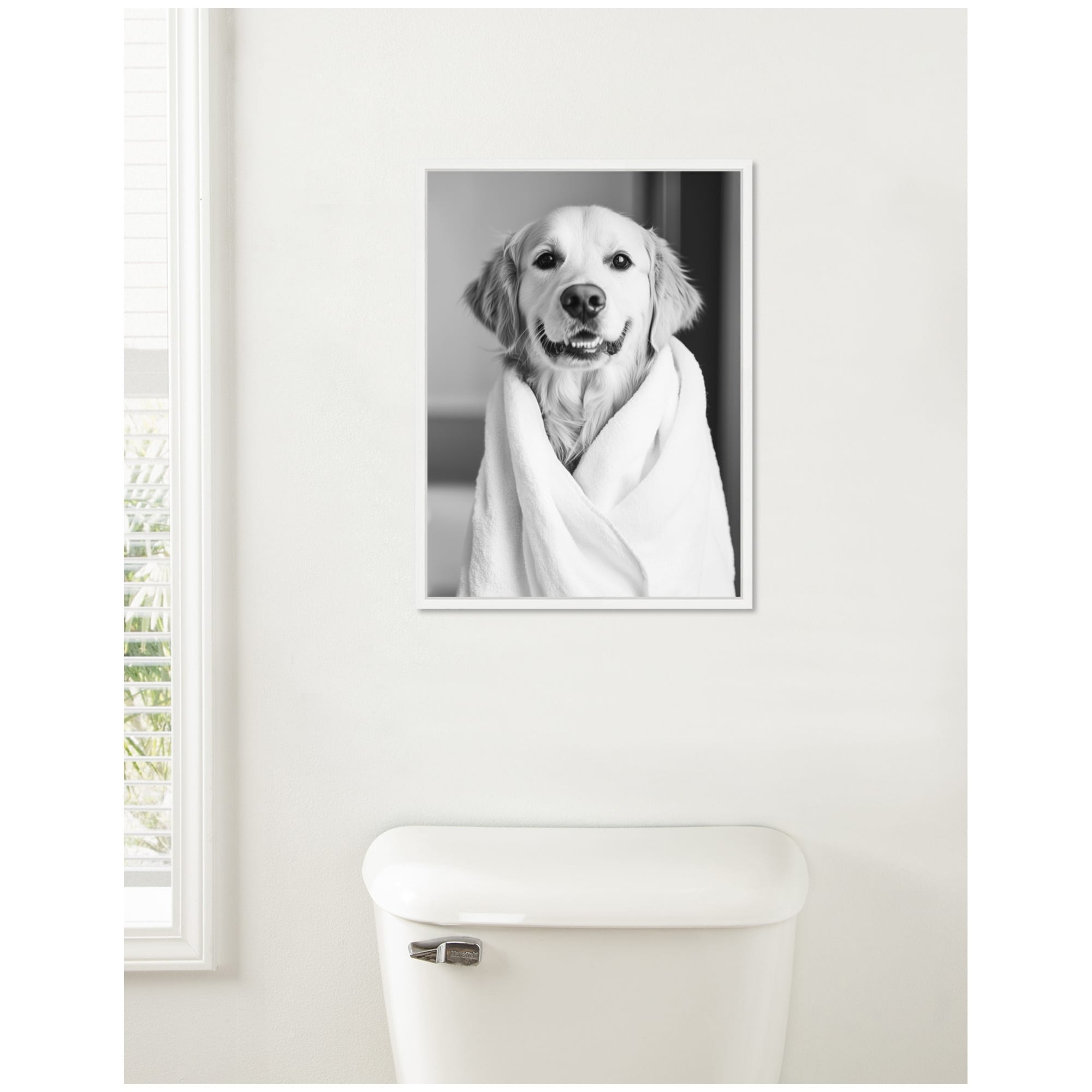 Kate and Laurel Sylvie Golden Retriever Bathroom Towel Robe Black and White Framed Canvas by The Creative Bunch Studio