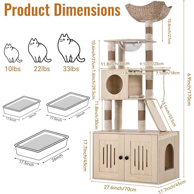 Cat Tree with Litter Box Enclosure, 2-In-1 Modern Cat Tower, 66.9-Inch Tall Cat Condo - Yellow