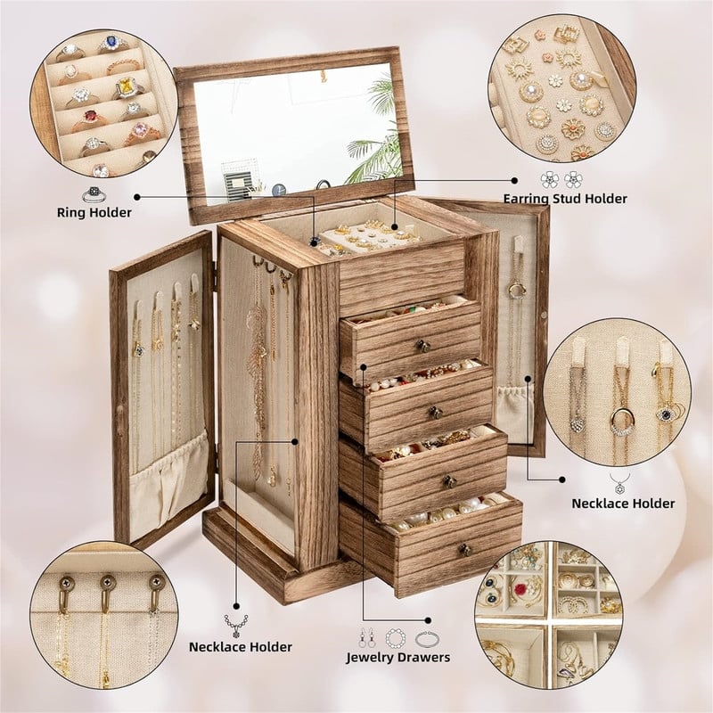 Rustic Organizer with Drawers and Mirror - ‎6.1"D x 10.2"W x 12.9"H