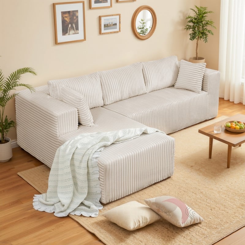 Modular Plush Sofa, All-Foam No Springs, Space-Saving for Living Room - Beige-Right Chaise