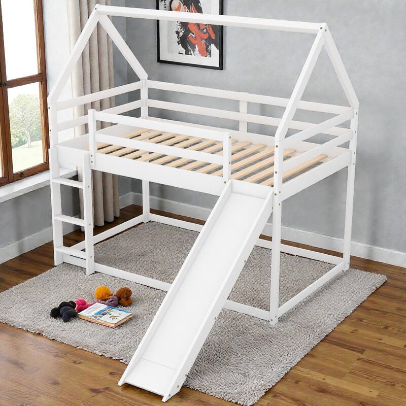 Twin House Bunk Bed with Slide and Ladder, Kids Wooden Bunk Bed Frame with Guardrails, Pine Wood and MDF