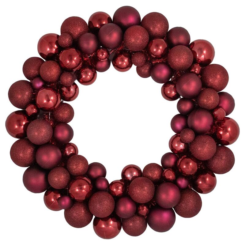 Burgundy 3-Finish Shatterproof Ball Christmas Wreath - 24" Unlit