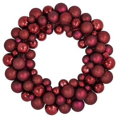 Burgundy 3-Finish Shatterproof Ball Christmas Wreath - 24" Unlit