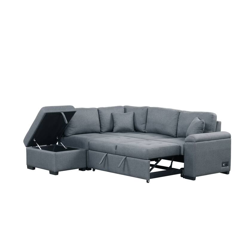 84.75" Velvet L-Shaped Sectional Sofa with Storage Ottoman, USB & Hidden Storage