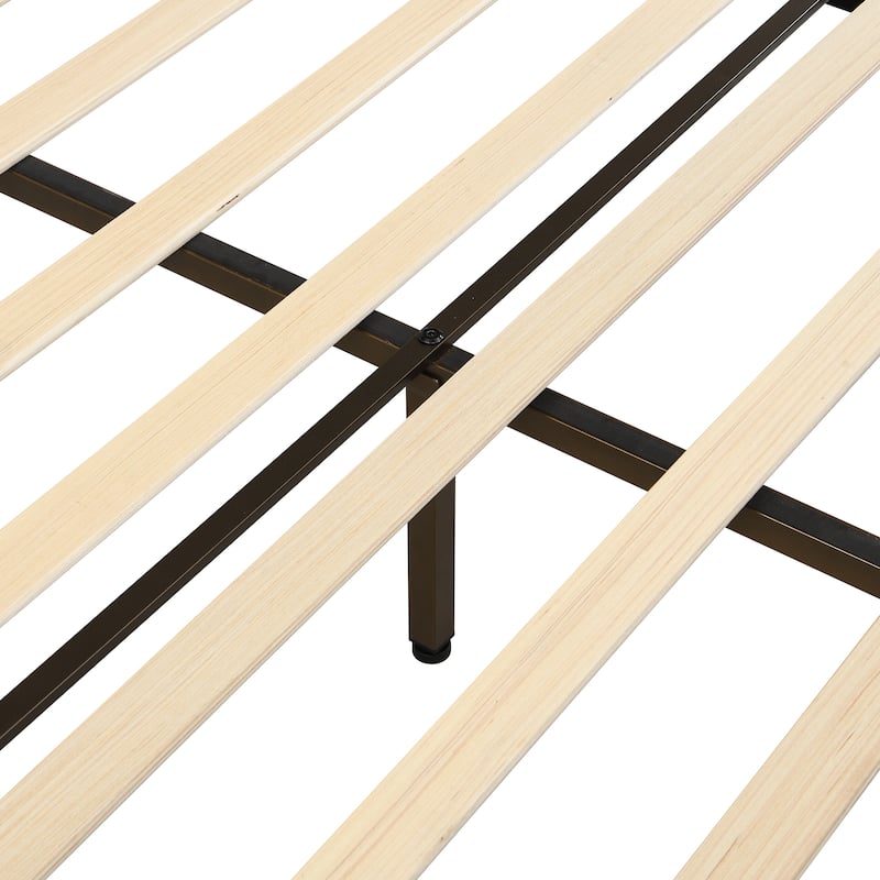 Canopy Bed Frame with Upholstered Headboard and Iron Legs, Low-Profile Platform Bed