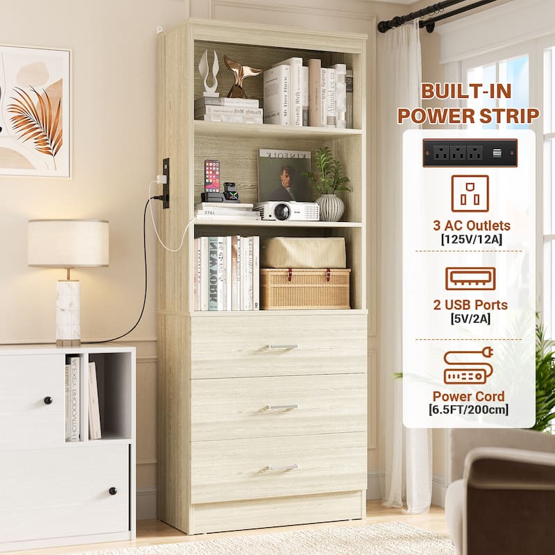 6-Tier 23.6'' Display Cabinet with Charging Station and Drawers, Bookcase Storage Shelf Kitchen Pantry