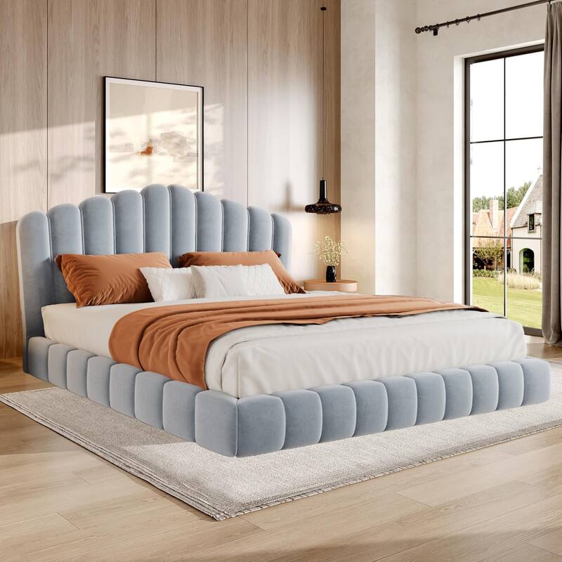 Velvet Upholstered Queen Bed Frame Shell-Shaped Headboard