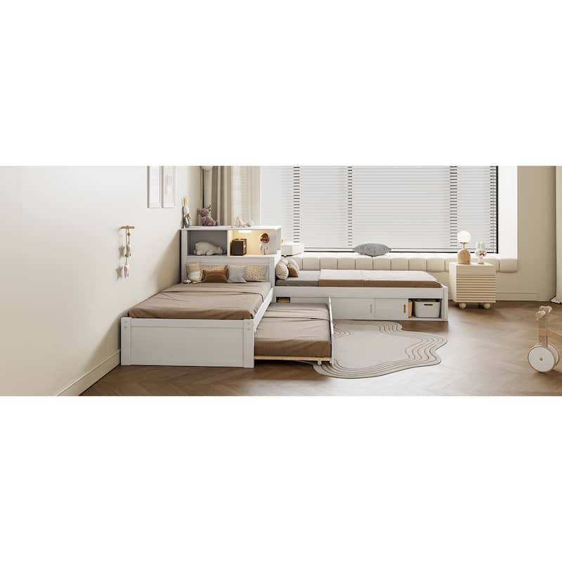 Roomfitters Twin L-Shaped Platform Bed with Trundle, Storage Cabinets and LED Desk