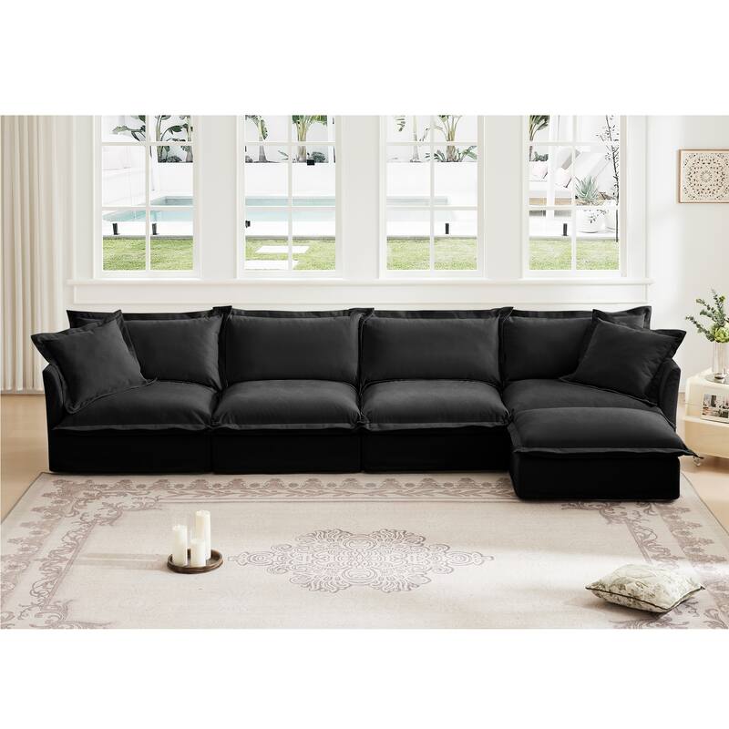 Slipcovered L Shape Sectional Long Sofa Couch, 4 Seater Sofa with Suppleness Armrests - Black