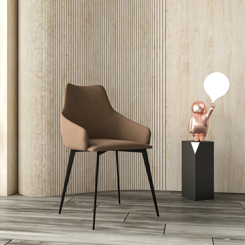 Sonnet Modern Dining Chair - Fabric Leather Mid Back Seat Black Iron Legs - Upholstered Accent Side Chair Home Office Cafe