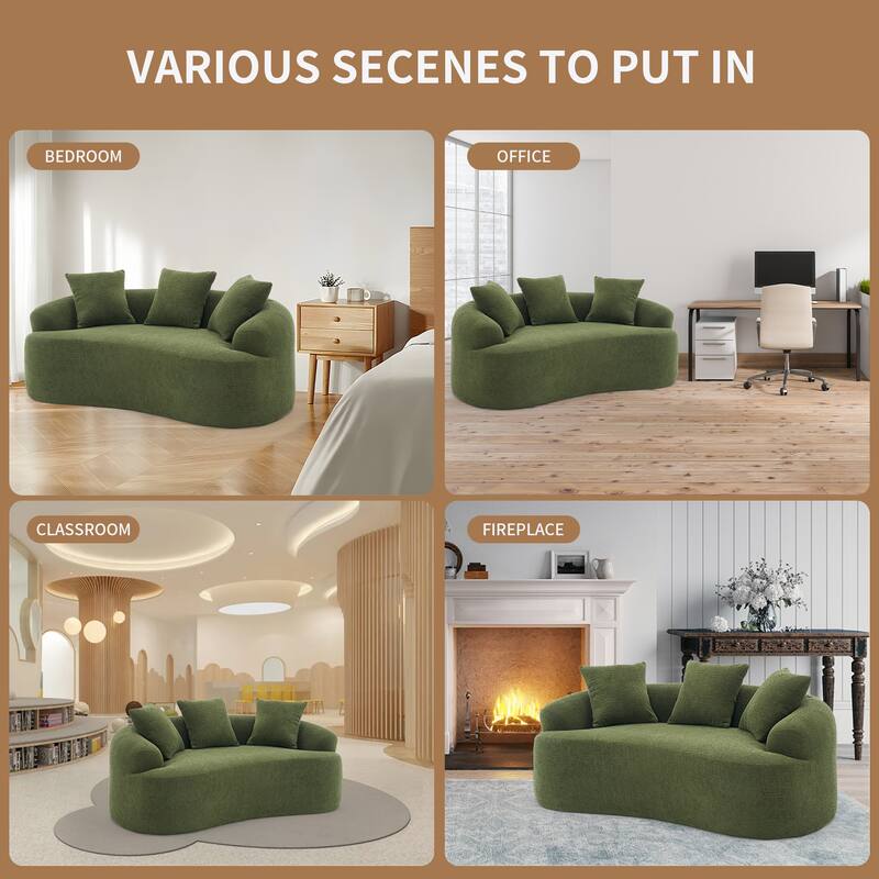 Chenille Curved Loveseat Sofa, Full Compression Sponge Sofa with 3 Pillow