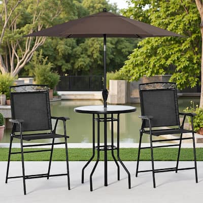 4-Piece Outdoor Patio Dining Set with 2 Folding Chairs, Adjustable Angle Umbrella, Wave Textured Tempered Glass Top
