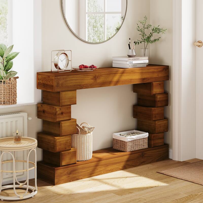 Geometric Block Stacked Wood Console Table with Warm Natural Finish