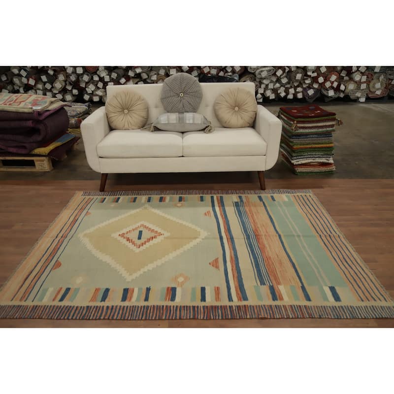 Hand Woven Oriental 100% Wool Carpet Southwestern Tribal Multi-Colored Kilim Area Rug - 6' 9'' X 4' 11''