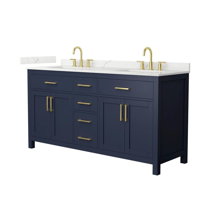 Wyndham Collection WCG2424-66D-QTZ-US3MXX Beckett 66" Free Standing - Dark Blue / Giotto Quartz Top / Brushed Gold