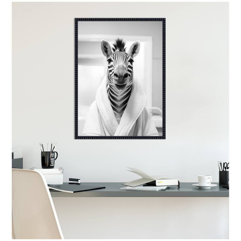 Kate and Laurel Sylvie Zebra Bathroom Art Towel Robe Black and White Framed Canvas by The Creative Bunch Studio