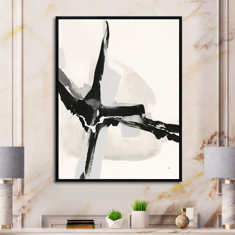 Designart "Abstract Neutral I" Mid-Century Modern Framed Canvas - Black