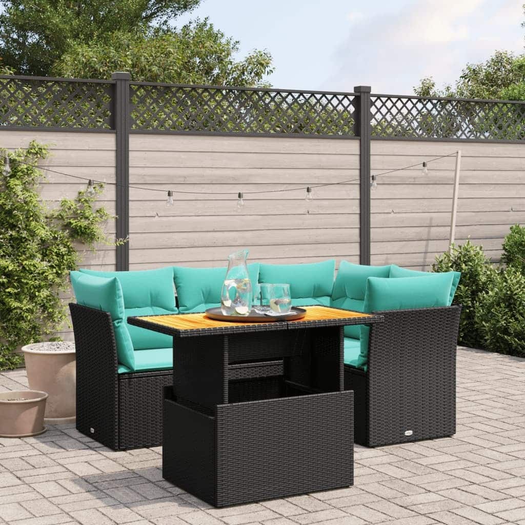vidaXL 5 Piece Patio Sofa Set with Cushions Black Poly Rattan - 24.4 x 24.4 x 27.2