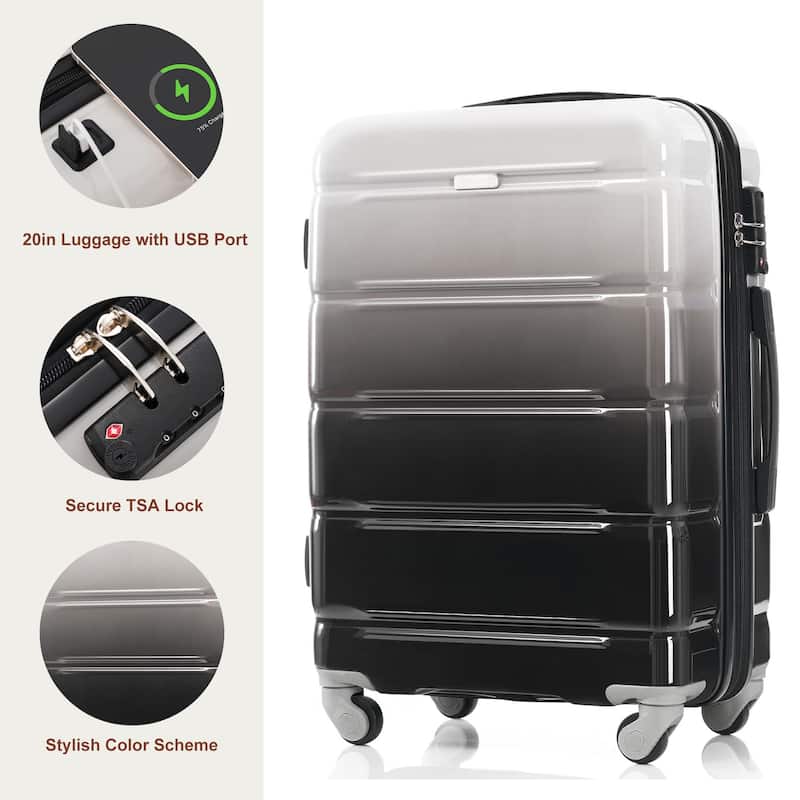 3-Piece, 20-Inch Modern Hard Shell Luggage with USB Port and Spinner Wheels, for Boarding Travel, Black