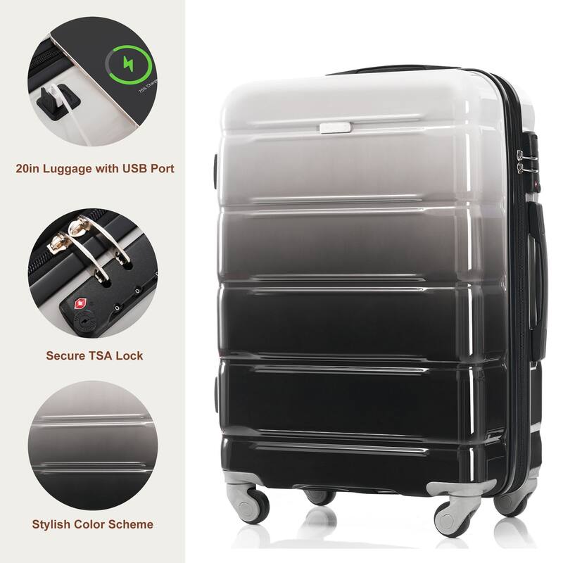 Luggage Set of 3, 20-inch with USB Port, Airline Certified Carry-on Luggage, ABS+PC Hard Shell Luggage with Spinner Wheels