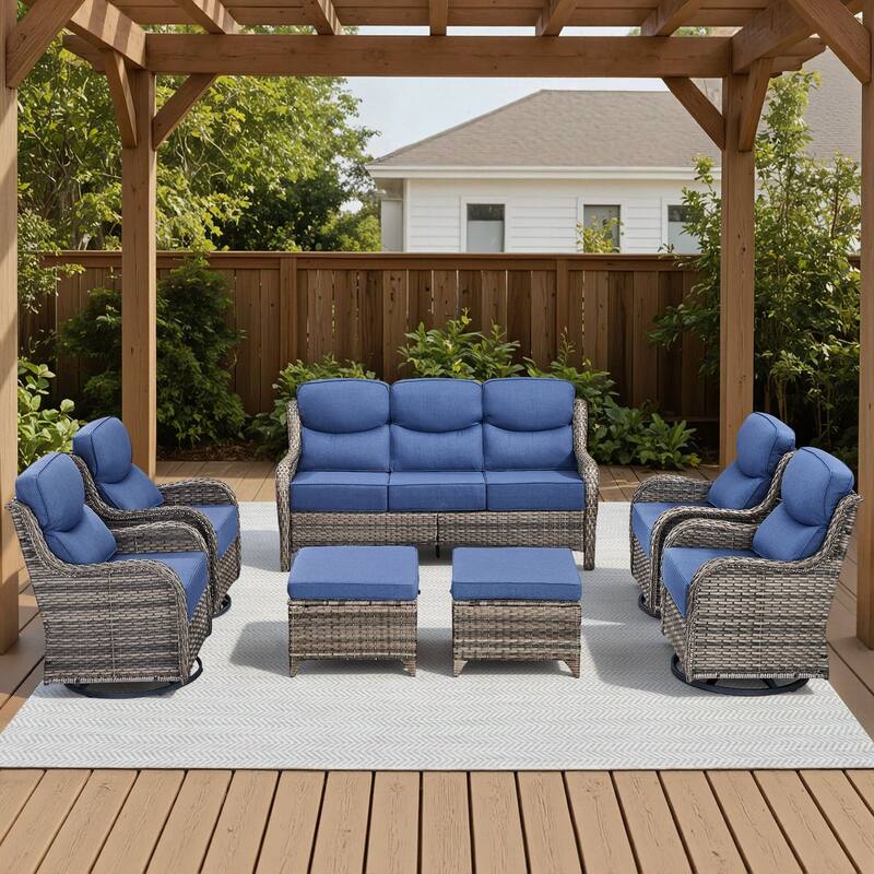 Arcadia 7-Piece Wicker Patio Conversation Set with Swivel Gliders and 6-Inch Thick Olefin Cushions - Navy Blue Cushions - Gray Wicker