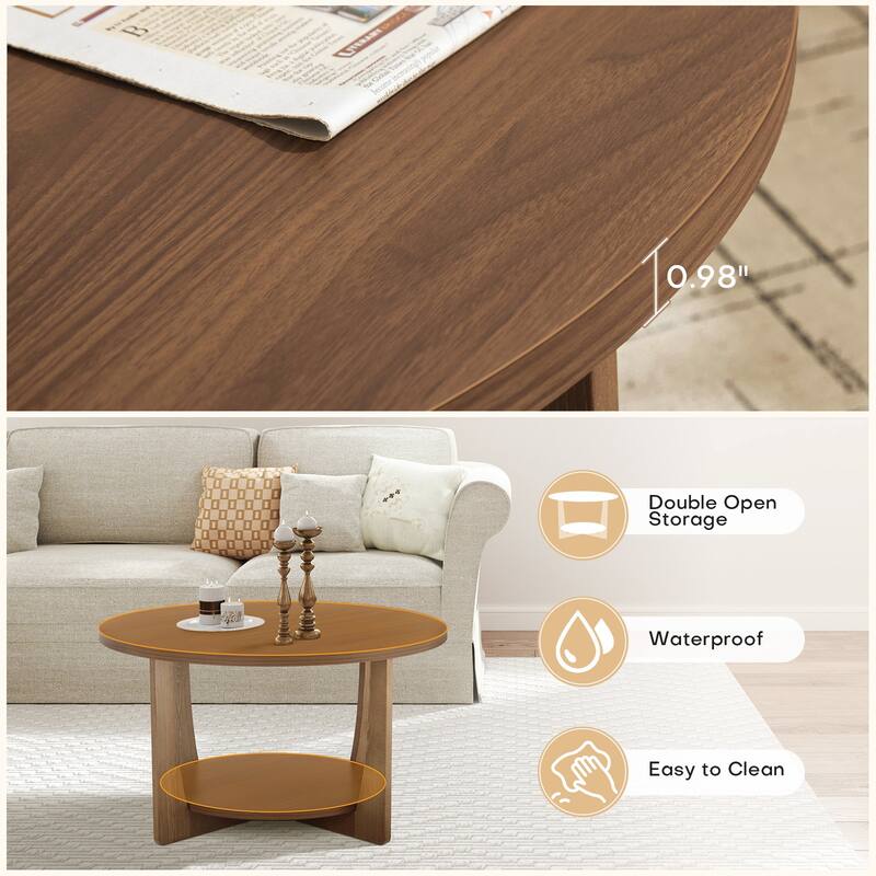 31.5" Round Coffee Table with Solid Wood Legs and 2-Tier Storage - 31.5"Dia x 17.72"H