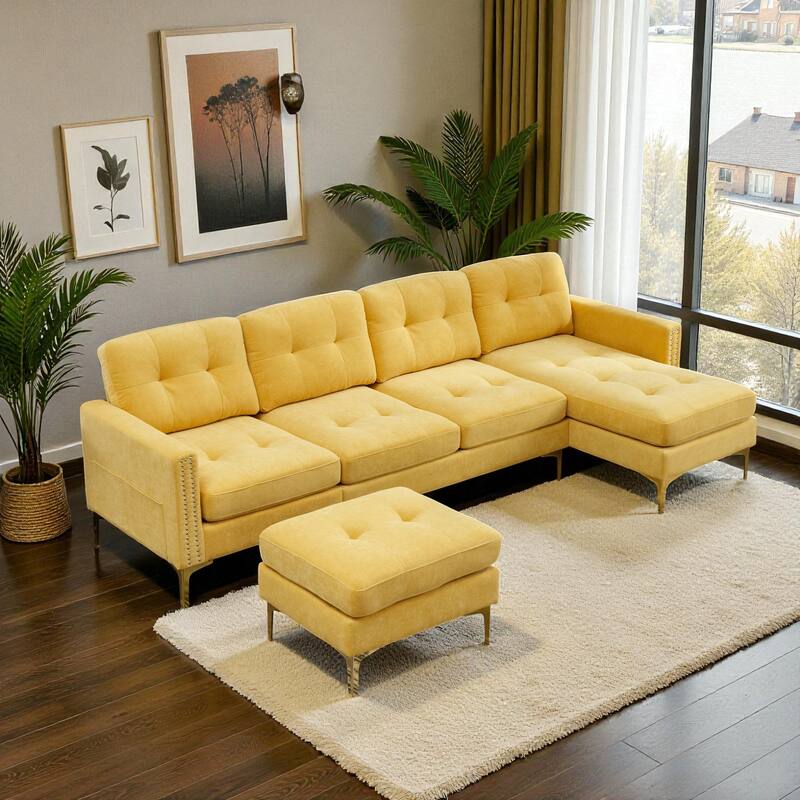 110.6" L-Shaped Convertible Velvet Sectional Sofa with Movable Ottoman and Storage Pockets for Living Room