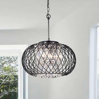 Antique Black 3-Light Round Drum Chandelier with Crystal