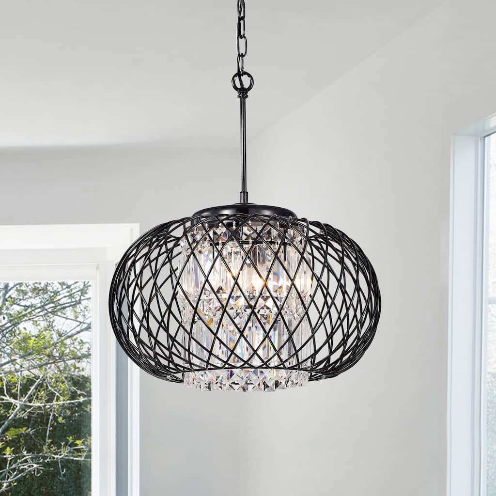Antique Black 3-Light Round Drum Chandelier with Crystal
