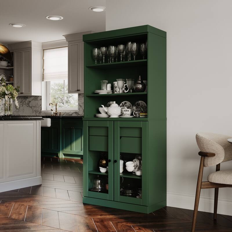 100% Solid Wood Kitchen Pantry Cabinet with 2 Clear Glass or Solid Wood Doors and 2-Drawer Organizer by Palace Imports