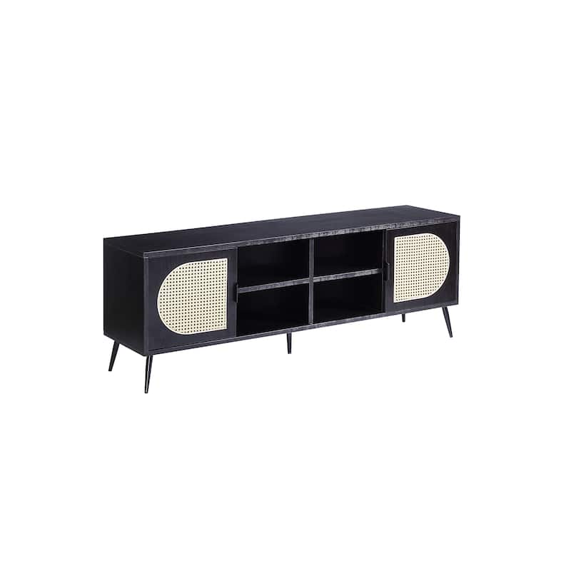 60" Transitional Style TV Stand with Rattan Door & Open Compartments