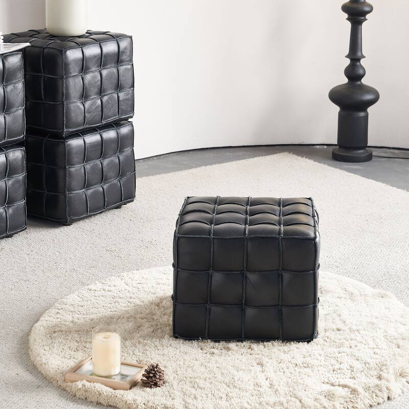 17.32''W Genuine Leather Tufted Ottoman,Footstool for Living Room & Bedroom