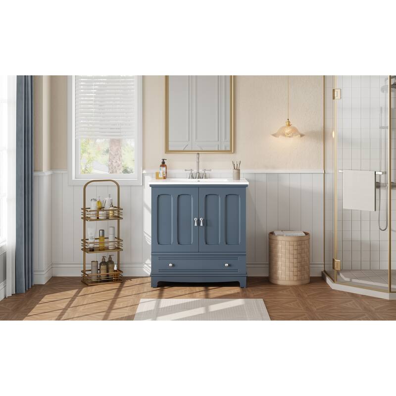 GDFStudio - Bramshire Modern Bathroom Vanity with Ceramic Sink, Solid Wood Feet, Drawer with Divider & Adjustable Shelf - 30'W