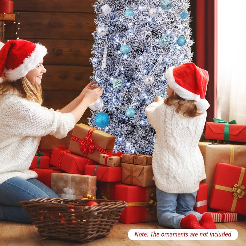 Gymax 7ft Pre-Lit Artificial Christmas Tree Hinged Slim Pencil Xmas