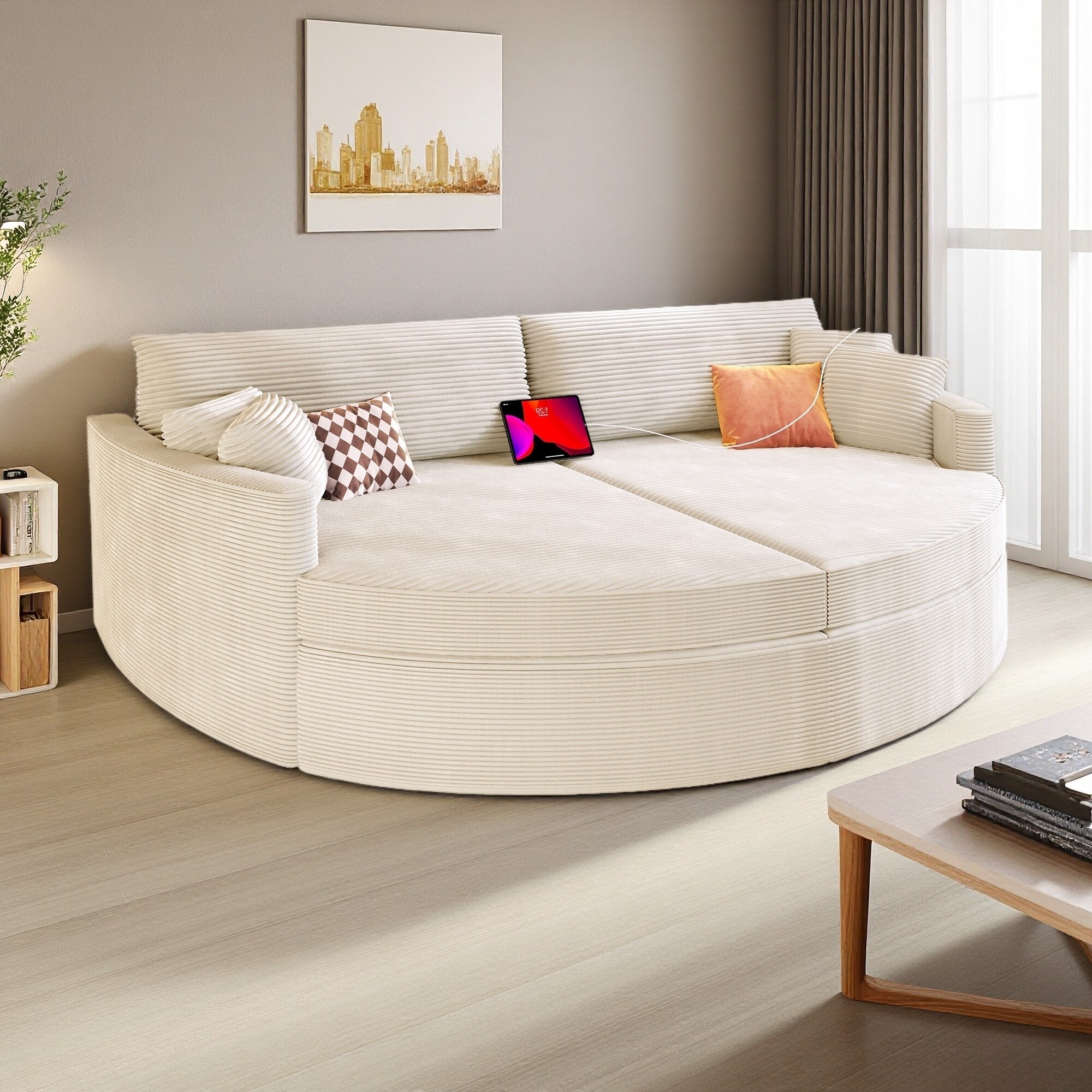 102.3" Corduroy Double Chaise 2-Seat Sofa Bed with USB Ports and Deep Seat