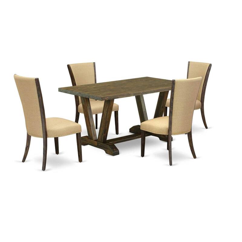 HomeStock 5-Piece Distressed Jacobean Finish Solid Wood Top Dining Table with 4 Upholstered Chairs