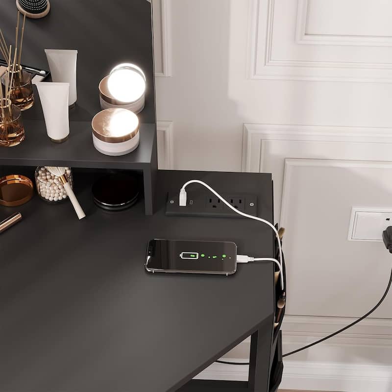 Corner Vanity Desk and Stool, Makeup Dressing Table Set with Light Bulbs Mirror