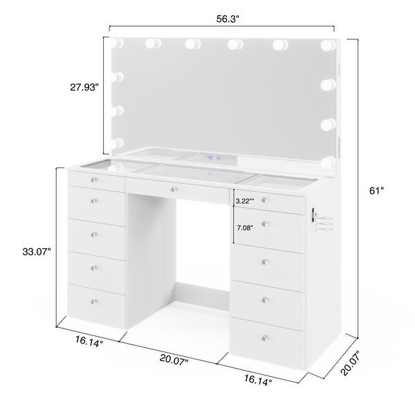 Boahaus Makeup Vanity Table, 13 Drawers, Lights, Glass Top, White - N/A