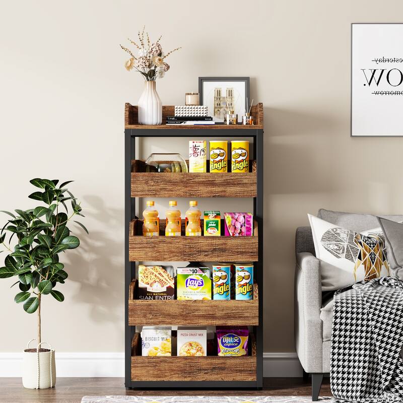 5-Tier Freestanding Wood Fruit Basket Stand, Vegetable and Fruit Storage Retail Display Rack Stand