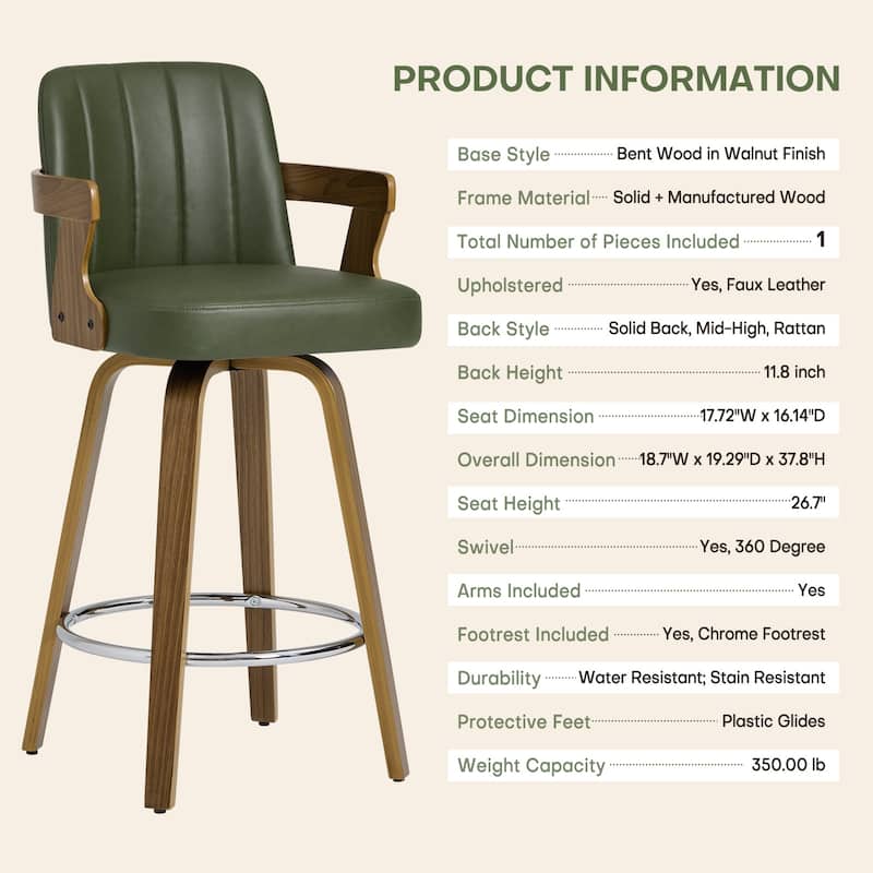 Upholstered Wood Swivel Counter Height Barstool with Arms - 37.8"H x 18.7"W x 19.29"D