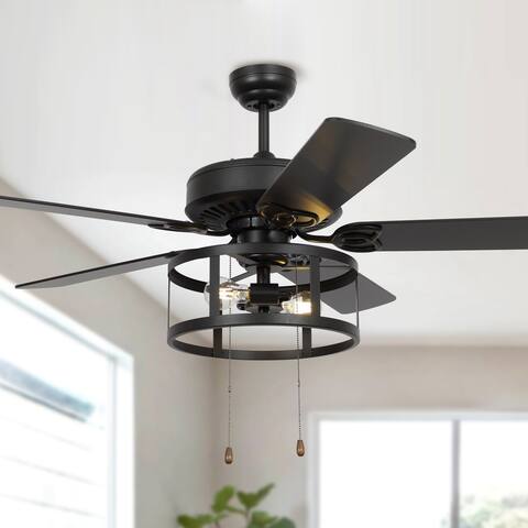 52" Matte Black Wood 5-Blade LED Ceiling Fan with Pull Chain