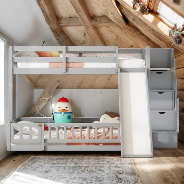 slide 2 of 6, Pine Solid Wooden Twin Over Full Bunk Bed with Slide,Storage Staircase Grey
