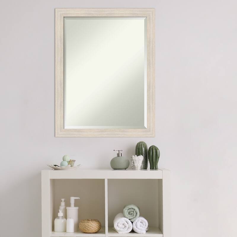 Beveled Wood Bathroom Wall Mirror - Hardwood Whitewash Narrow Frame - Hardwood White Wash Narrow