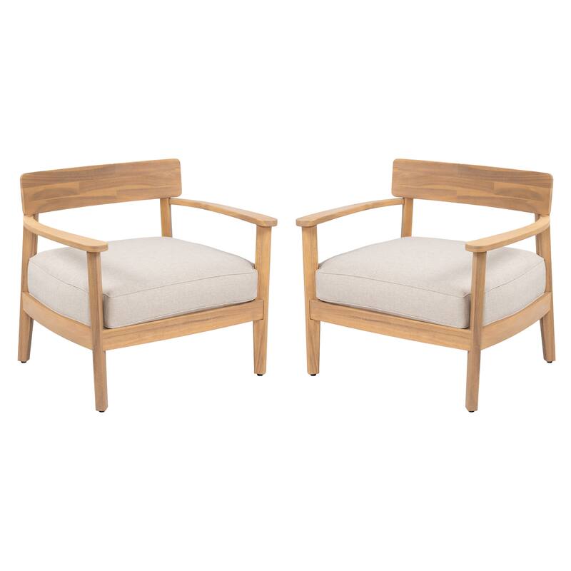 Roomfitters Mallorca Outdoor Acacia Wood Club Chair with Seat Cushion, Teak Finish and Beige Fabric - Set of 2
