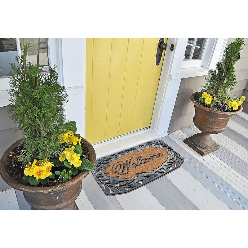 A1HC Welcome Stylish Leaf Border Rubber and Coir Large Heavy-Duty Outdoor Doormat, Black - 23"X38"