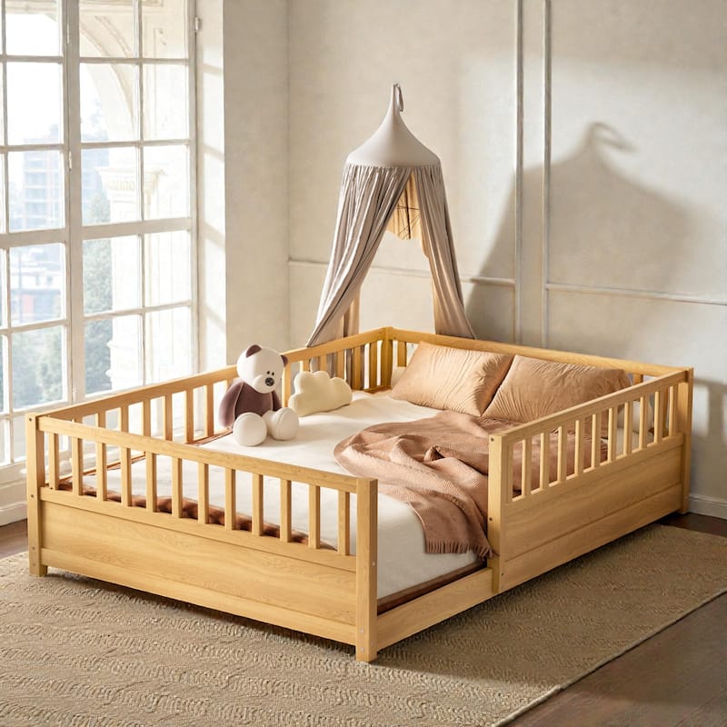 Montessori Wooden Floor Bed with High Safety Fence and Door, Pine Kids Floor Bed Frame for Boys and Girls - Natural - Full