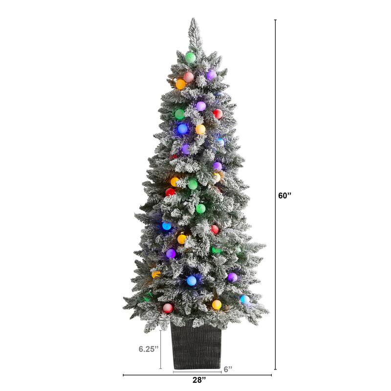 5ft. Flocked Fir Artificial Christmas Tree with 50 Multi-Color Globe Bulbs and 379 Branches - Playful X-Mas Accent Tree